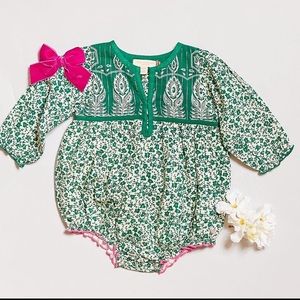 Pink Chicken Jade Bubble Romper - Green Floral Indian Block Print